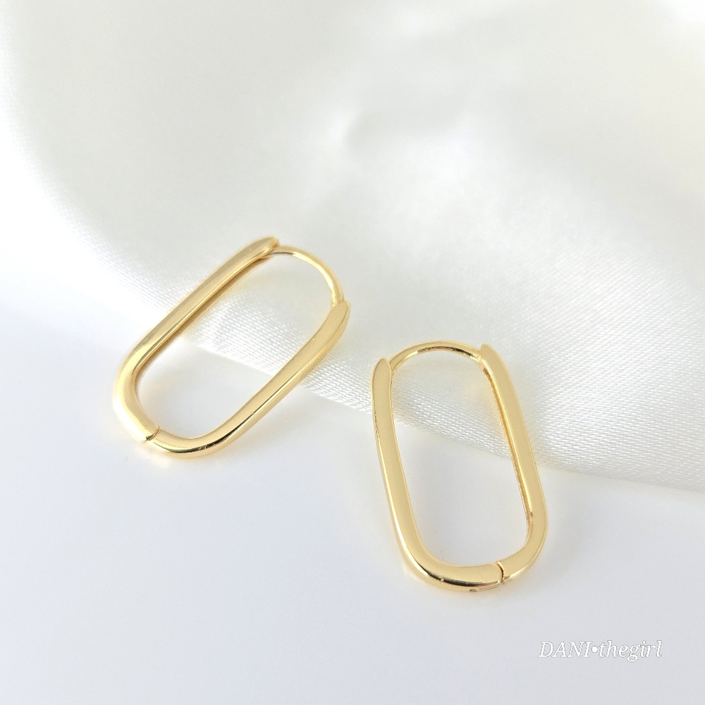 NEW Gold Sterling Silver Long Oval Hoop Earrings